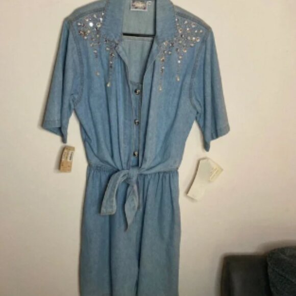 Vintage Monique Fashions Embellished Blue Denim Front Tie Romper Pearls Crystals - Picture 1 of 6